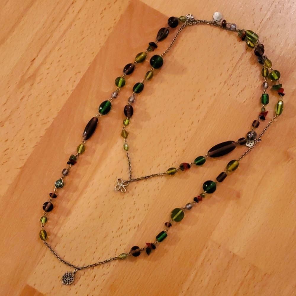 Long Glass Bead Necklace - silver, purple, and green